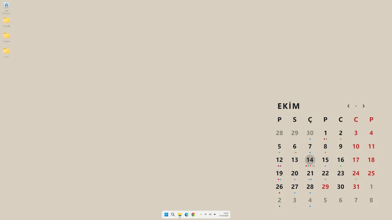 Kalender, açık düz renk zeminde: yazılar koyu, görev çubuğu açık