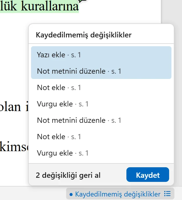 Kaydedilmemiş değişiklikler listesi ve Kaydet düğmesi
