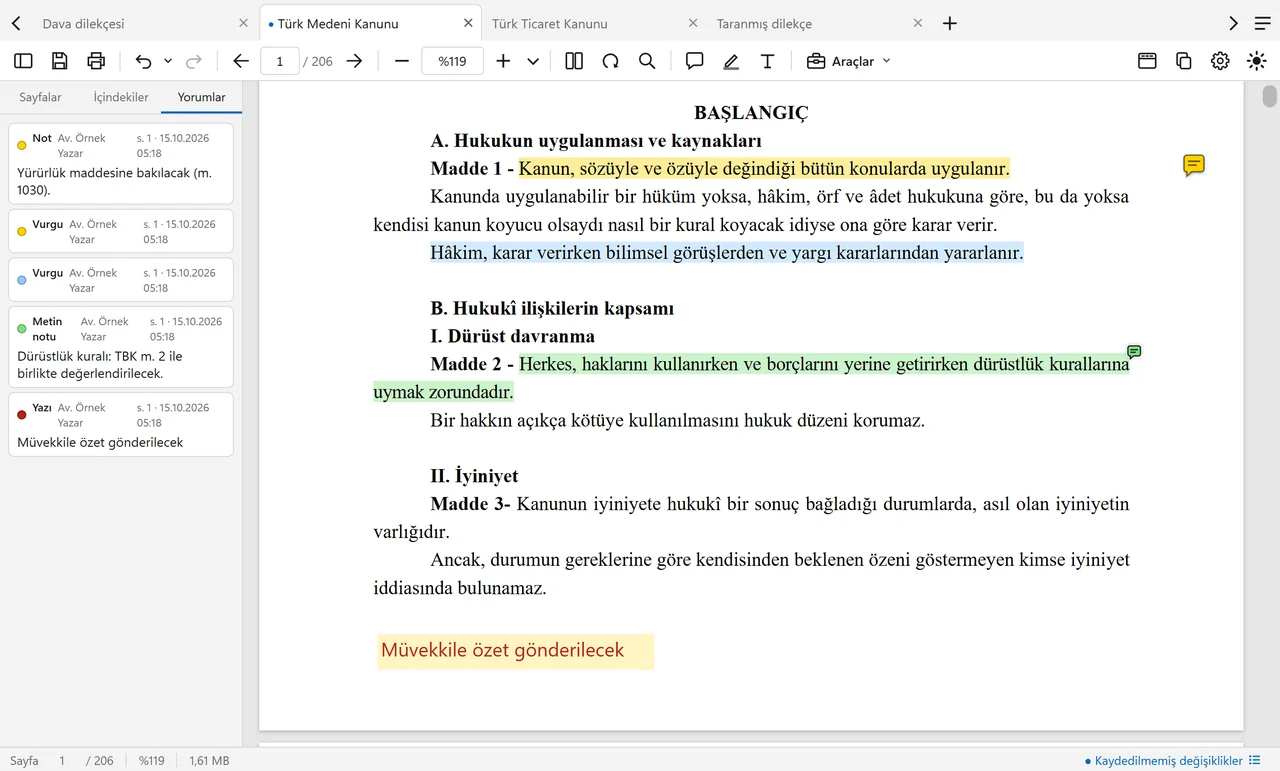 Vurgular, metinle ilgili yorum, not, yazı ve Yorumlar paneli