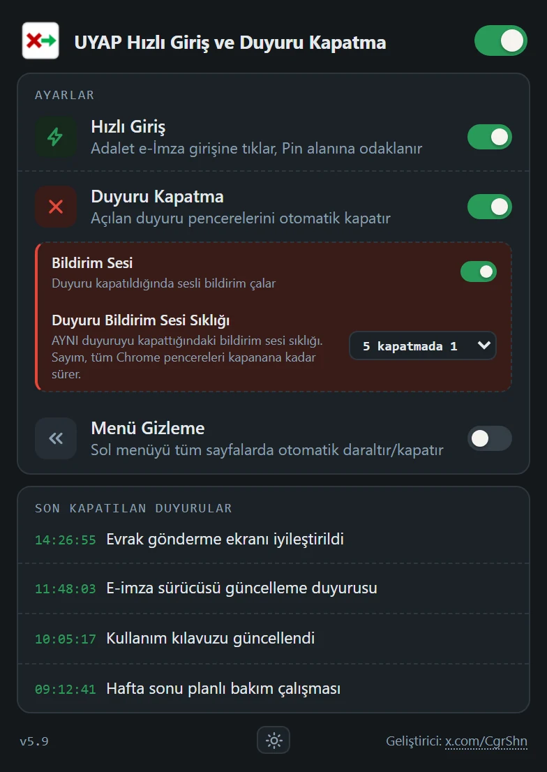 Koyu temalı eklenti penceresi: özellik anahtarları ve kapatılan duyurular, örnek veriyle